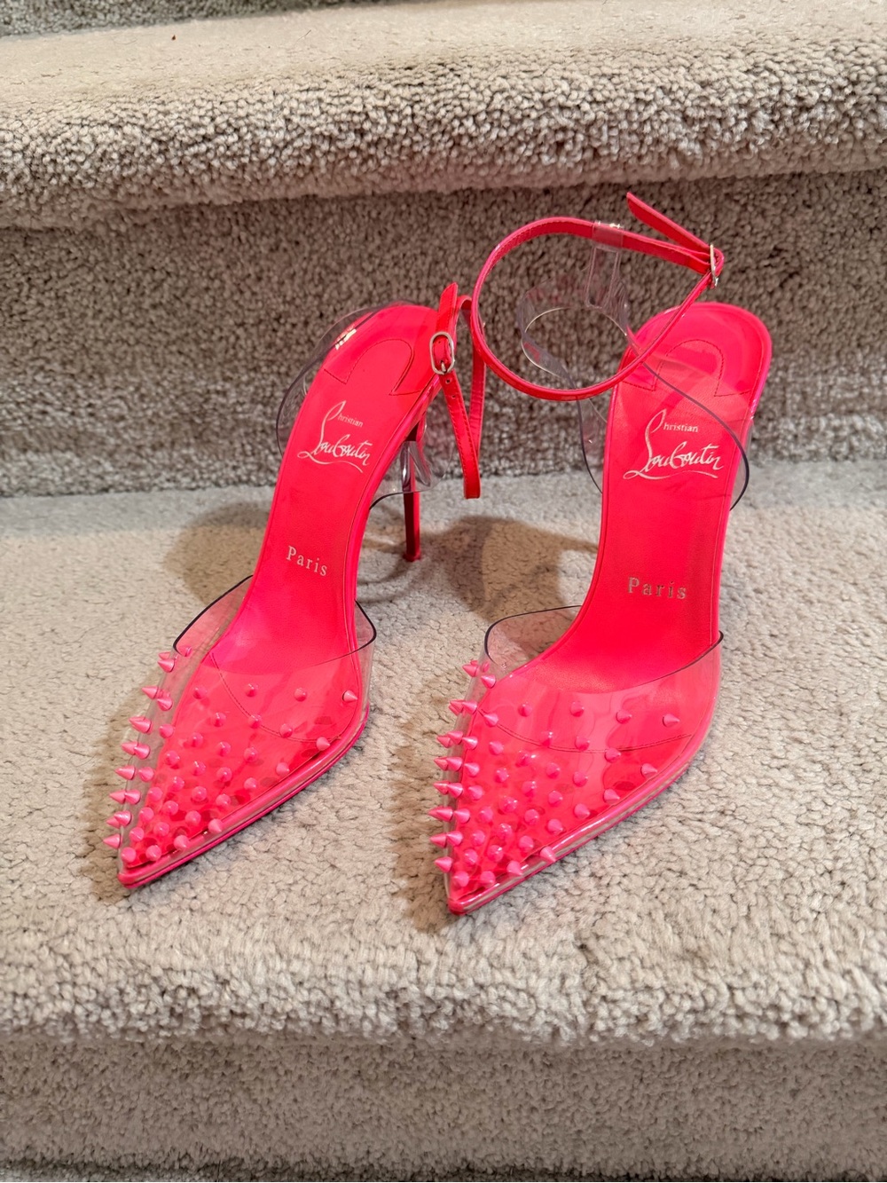 Christian Louboutin Neon Pink Spiked PVC Pointed-Toe Stiletto Sandals